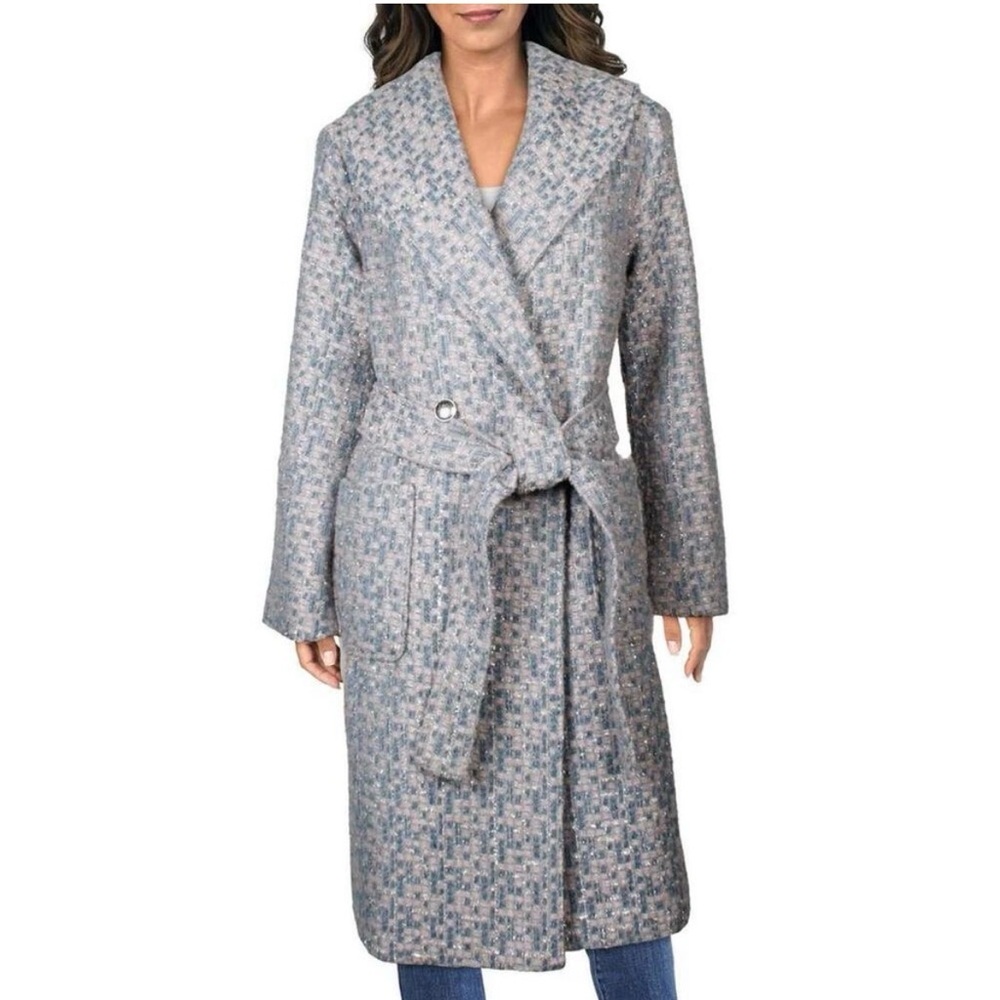 kathy ireland 1X Light Pink, Blue & Gray Multi Tweed Wrap Coat with Belt